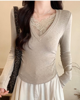 Slim plus velvet tops lace T-shirt for women