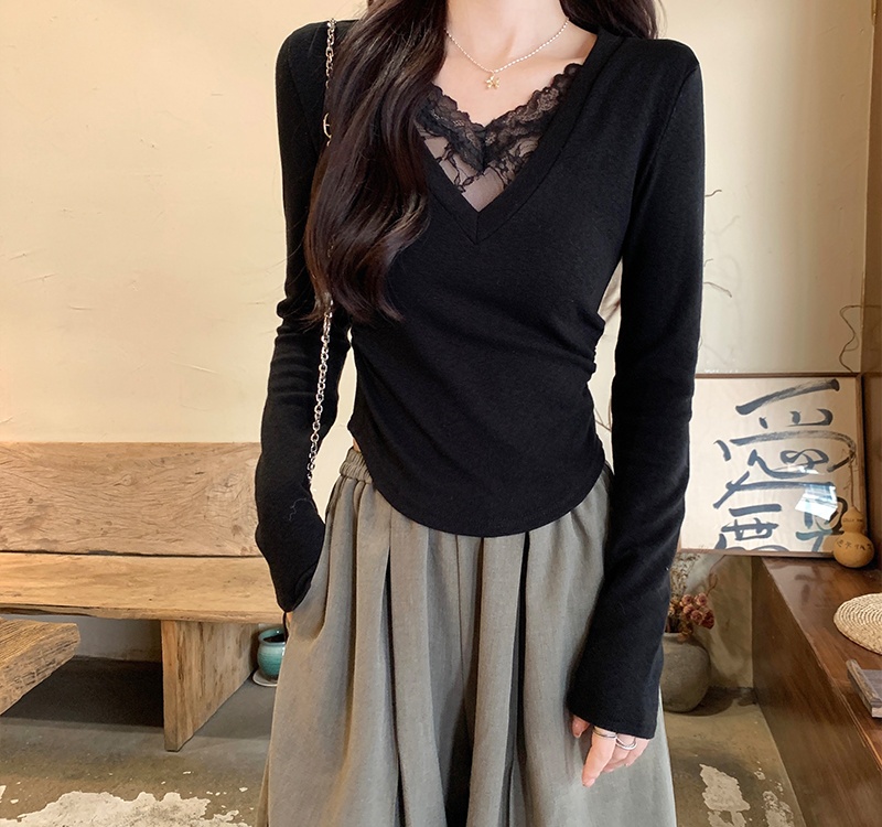 Slim plus velvet tops lace T-shirt for women