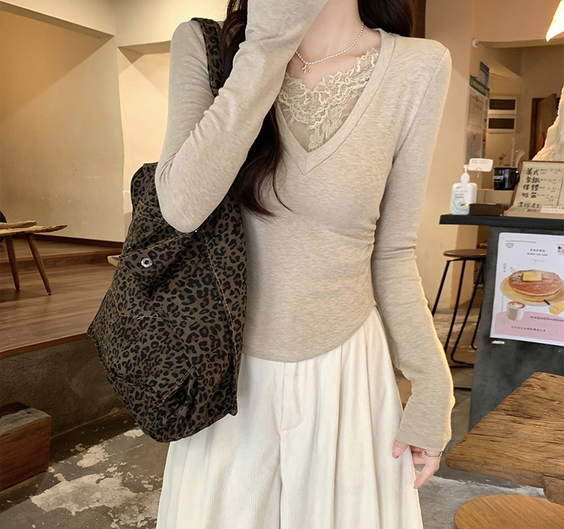 Slim plus velvet tops lace T-shirt for women