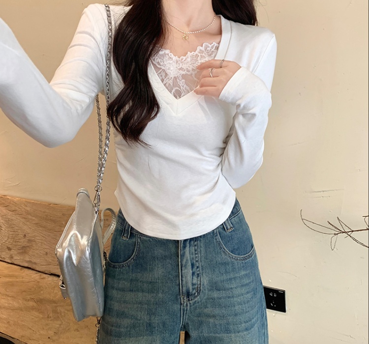 Slim plus velvet tops lace T-shirt for women