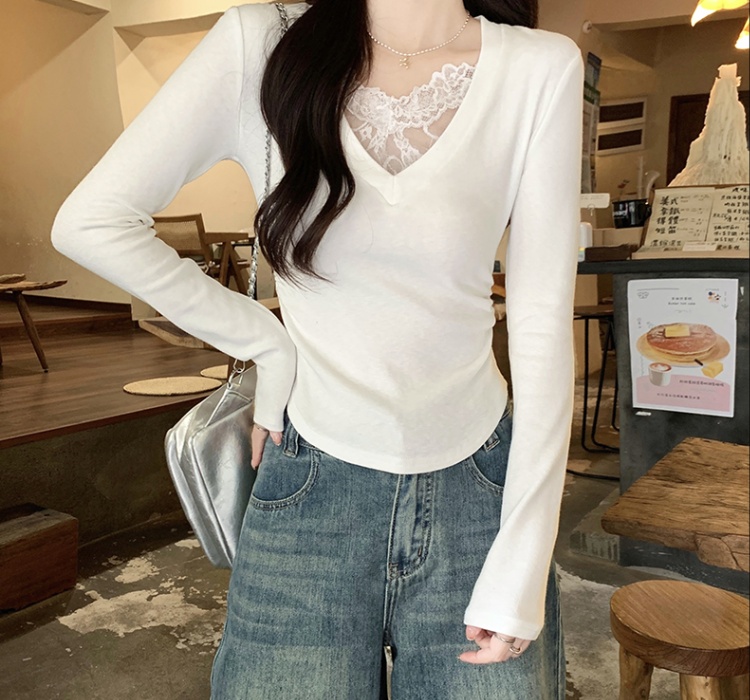 Slim plus velvet tops lace T-shirt for women