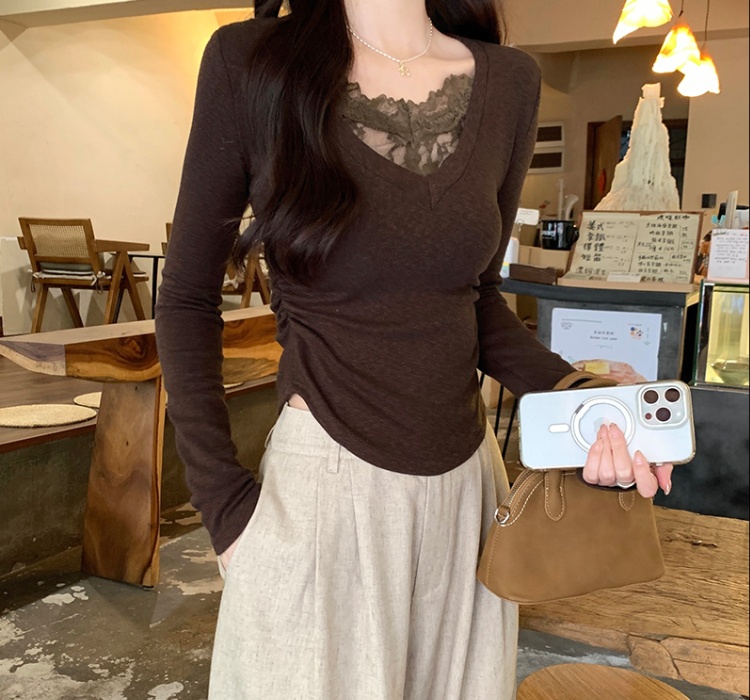 Slim plus velvet tops lace T-shirt for women