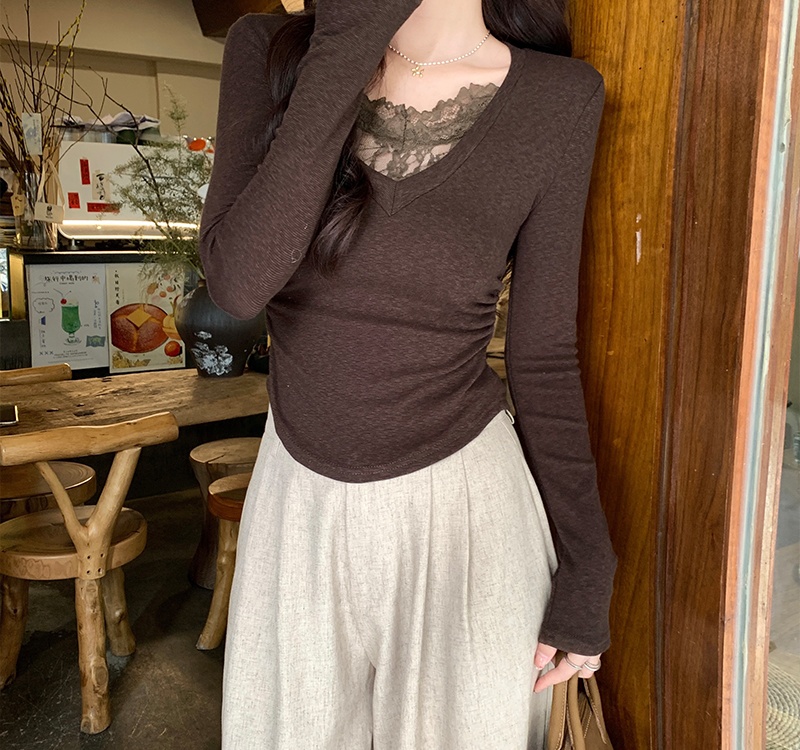 Slim plus velvet tops lace T-shirt for women