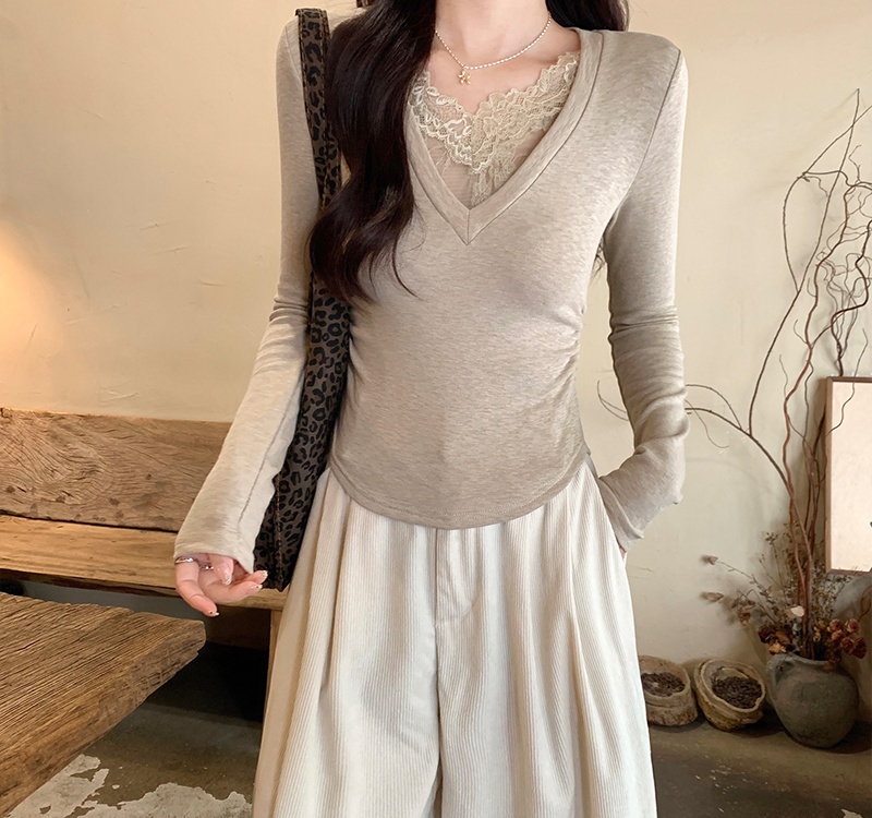 Slim plus velvet tops lace T-shirt for women