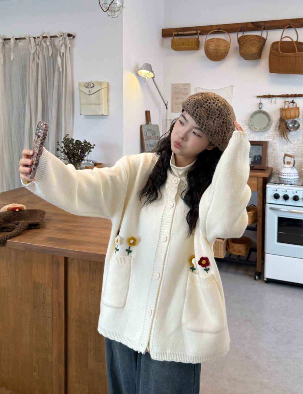 All-match embroidery sweater loose lazy coat for women