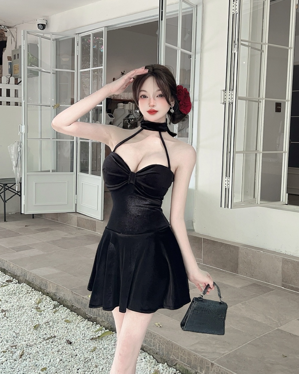 Pinched waist elasticity bottoming big skirt low-cut dress