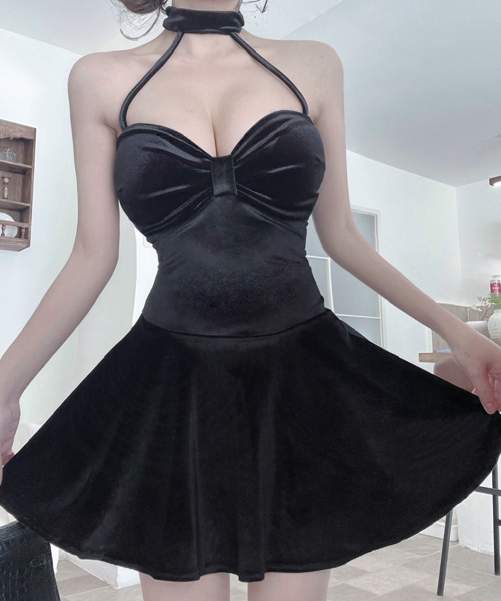 Pinched waist elasticity bottoming big skirt low-cut dress