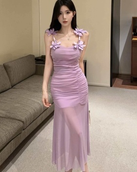 Sling splice gauze long flowers bottoming dress