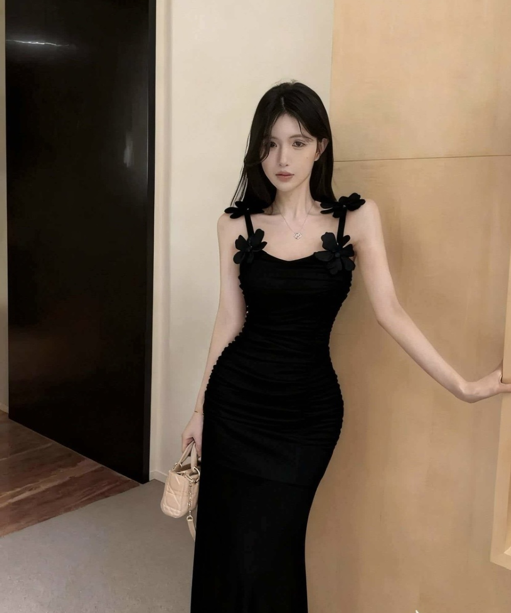 Sling splice gauze long flowers bottoming dress