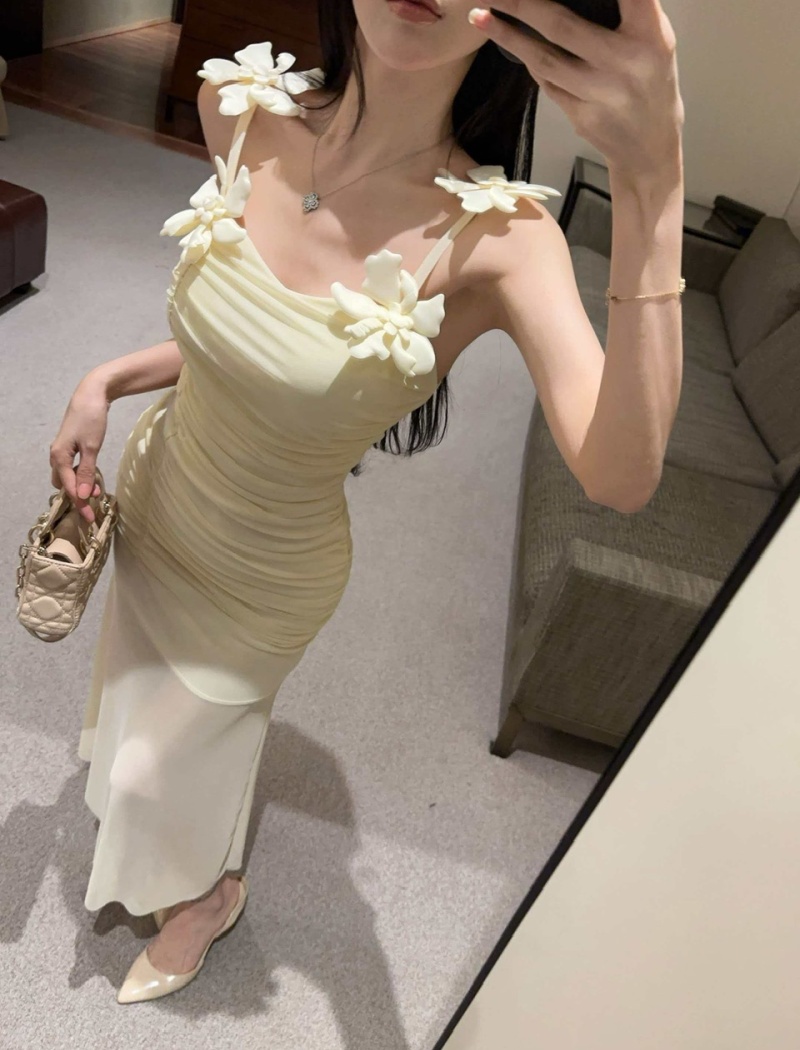 Sling splice gauze long flowers bottoming dress