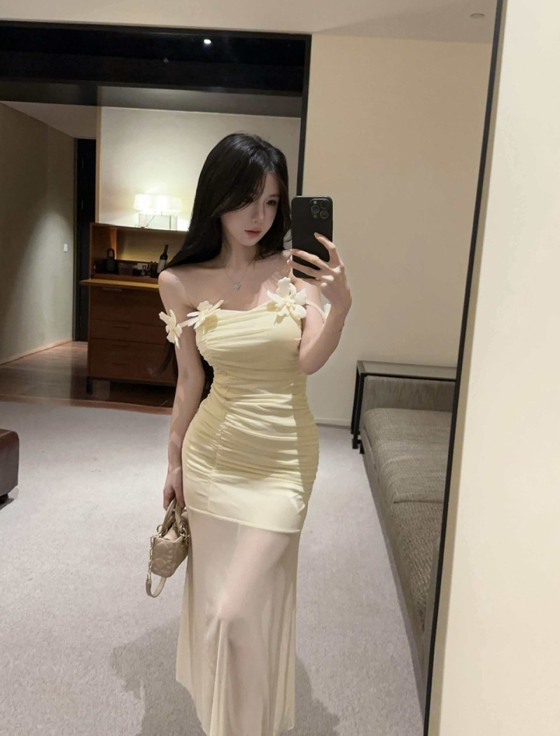 Sling splice gauze long flowers bottoming dress