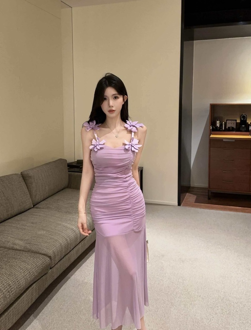 Sling splice gauze long flowers bottoming dress
