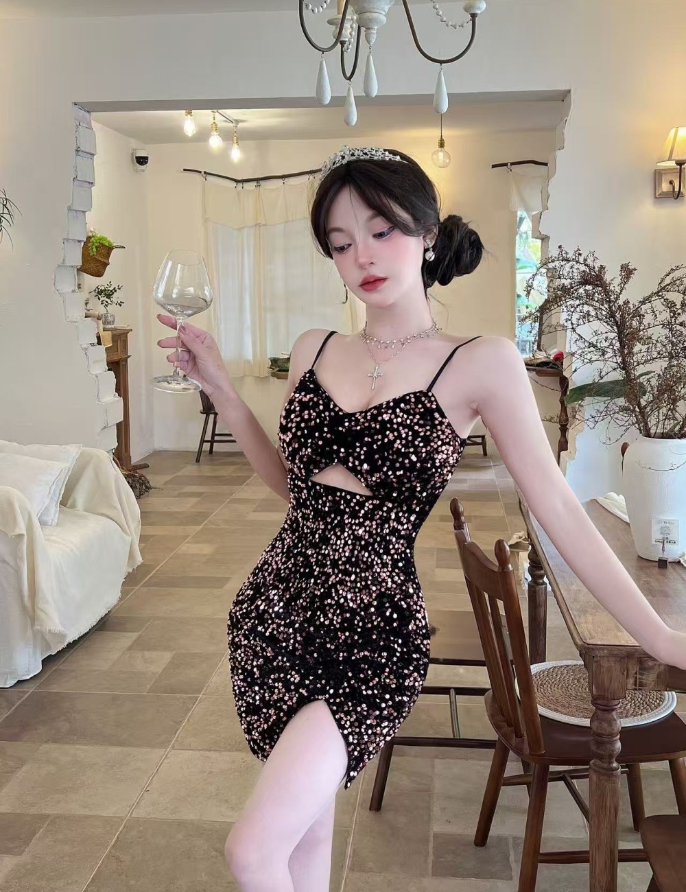 Package hip sling elasticity low-cut tight dress