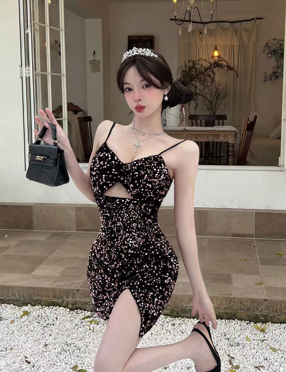 Package hip sling elasticity low-cut tight dress