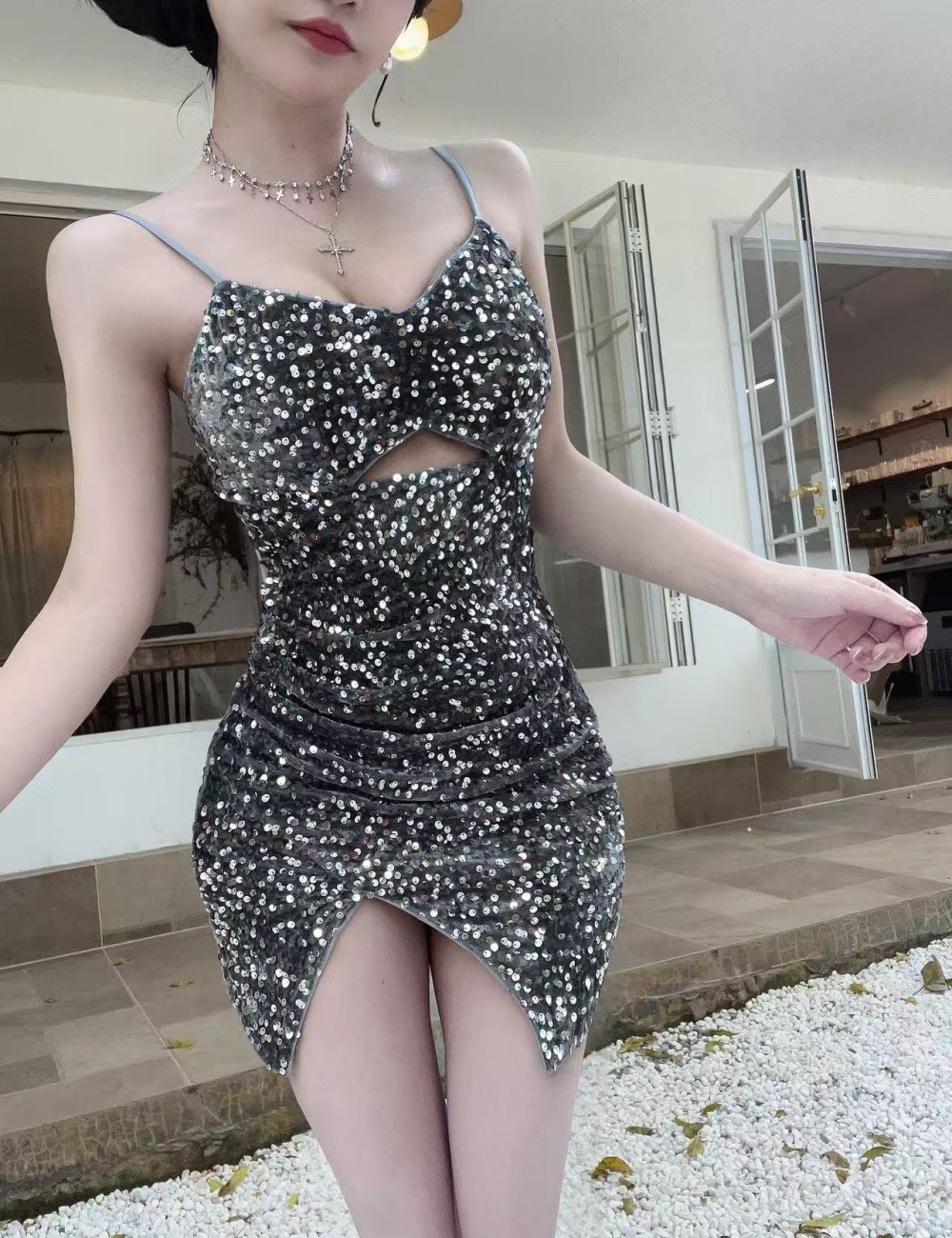 Package hip sling elasticity low-cut tight dress