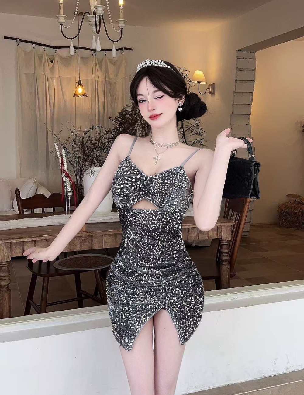 Package hip sling elasticity low-cut tight dress