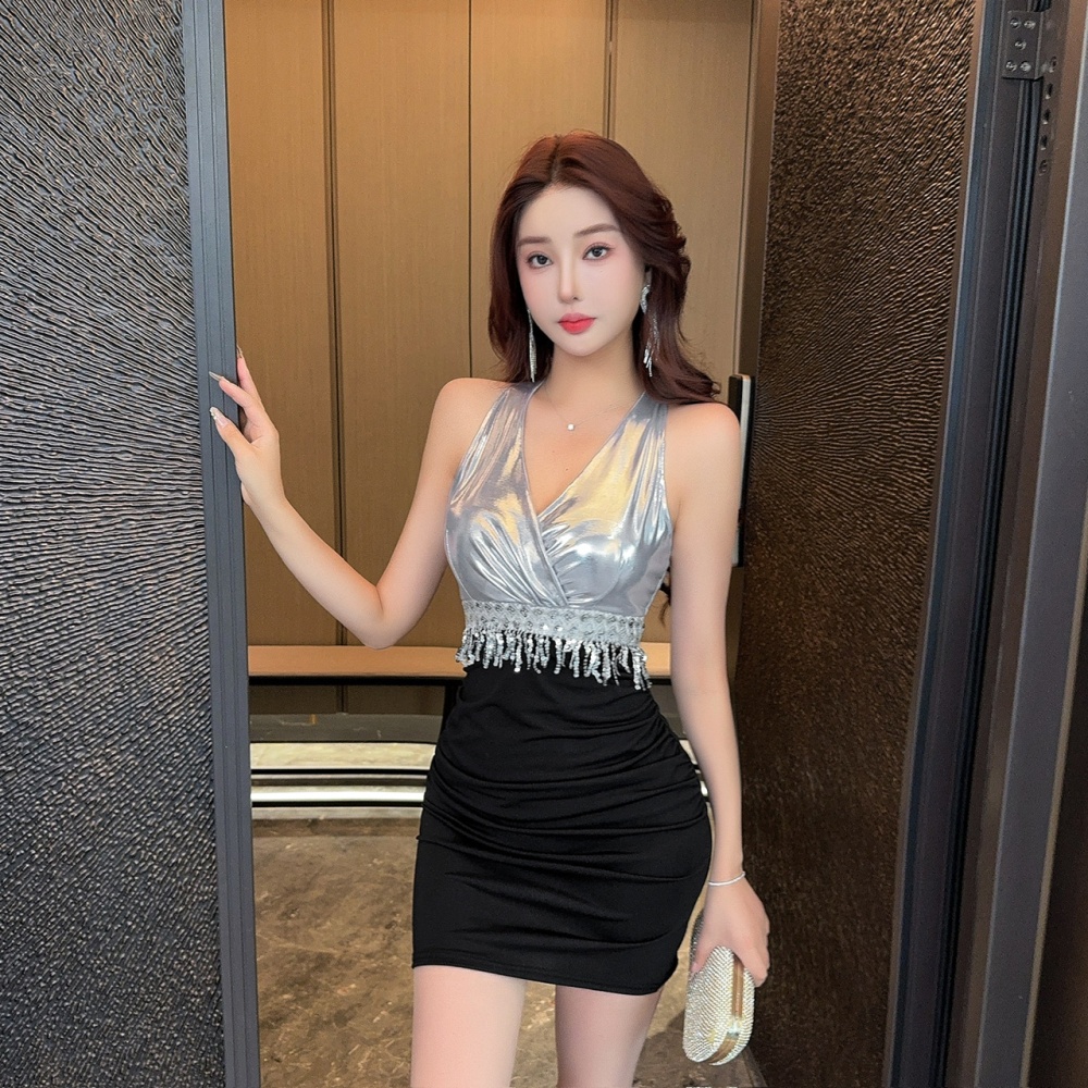 Sleeveless package hip mixed colors metal dress