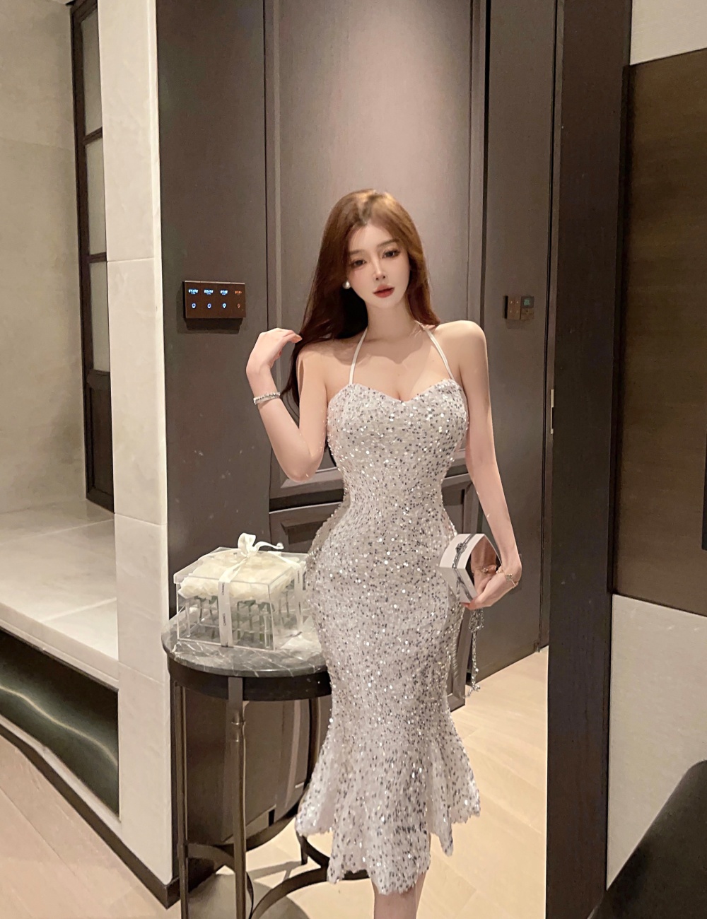 Halter slim evening dress package hip dress