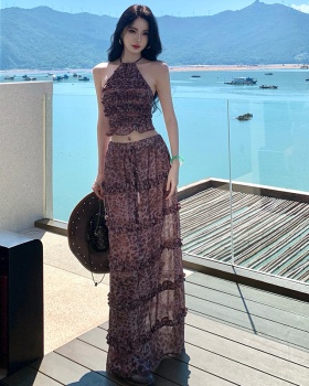 Leopard halter sexy enticement long skirt 2pcs set