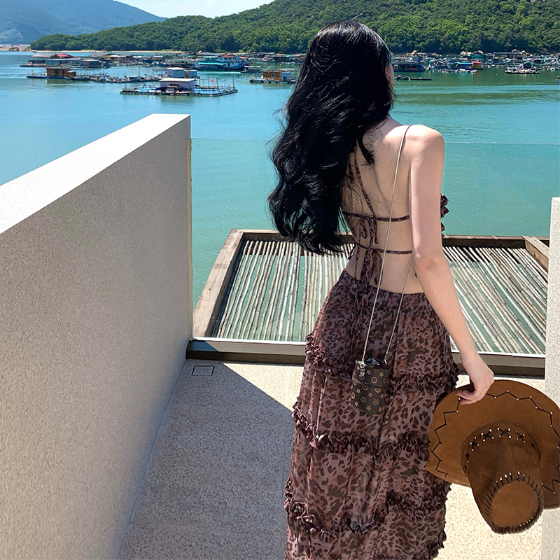 Leopard halter sexy enticement long skirt 2pcs set