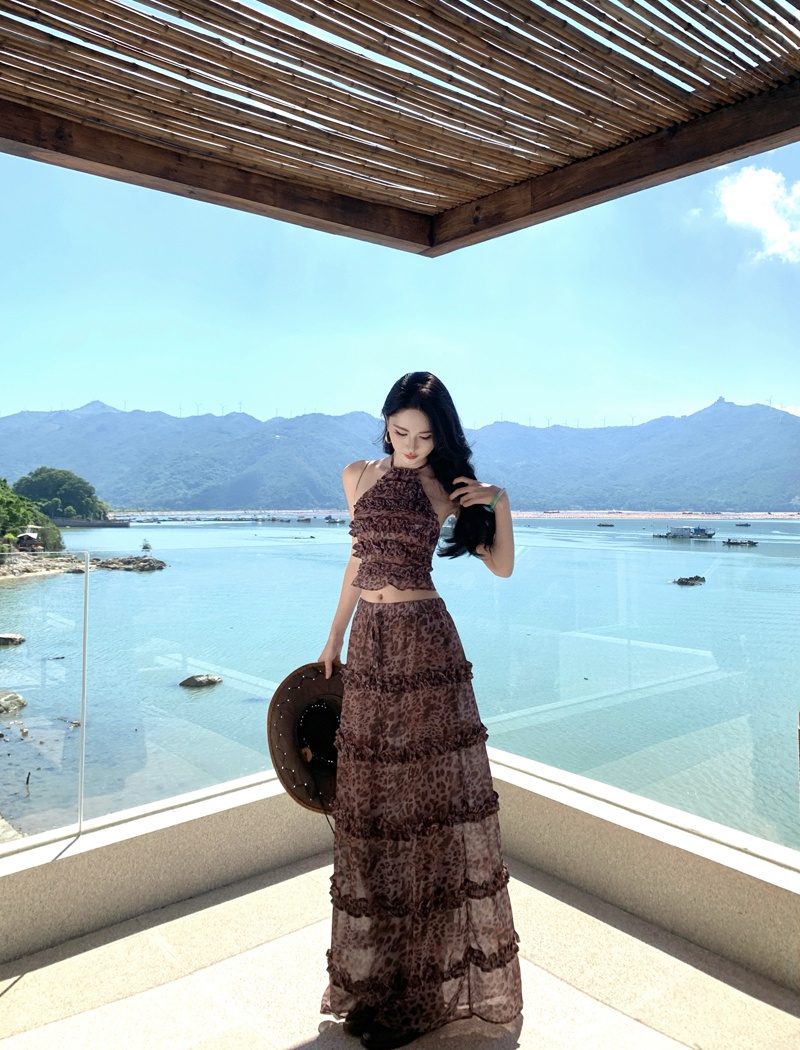 Leopard halter sexy enticement long skirt 2pcs set