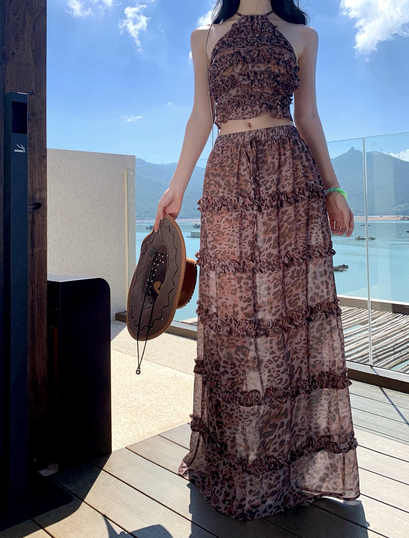 Leopard halter sexy enticement long skirt 2pcs set