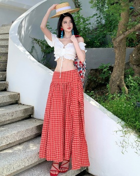 Red white seaside tops show young halter skirt 2pcs set