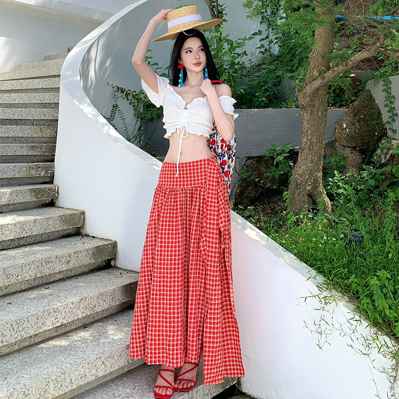 Red white seaside tops show young halter skirt 2pcs set