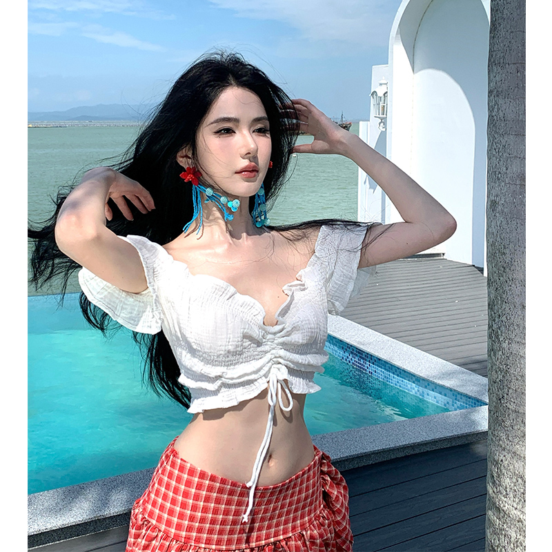 Red white seaside tops show young halter skirt 2pcs set