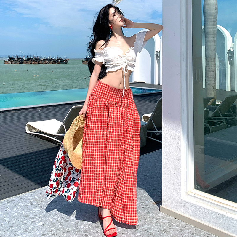 Red white seaside tops show young halter skirt 2pcs set