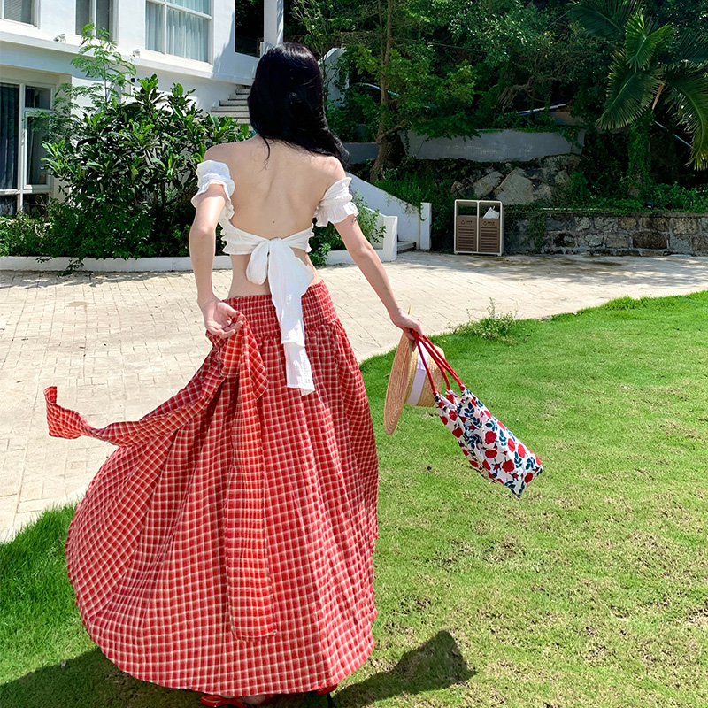 Red white seaside tops show young halter skirt 2pcs set