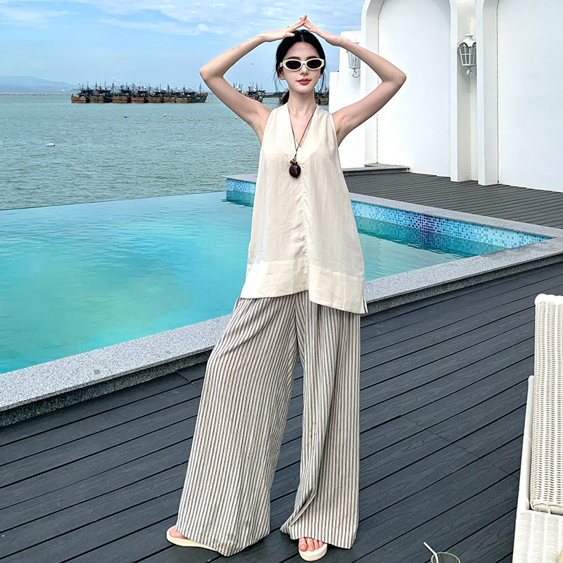 Casual France style vest vacation wide leg pants 2pcs set