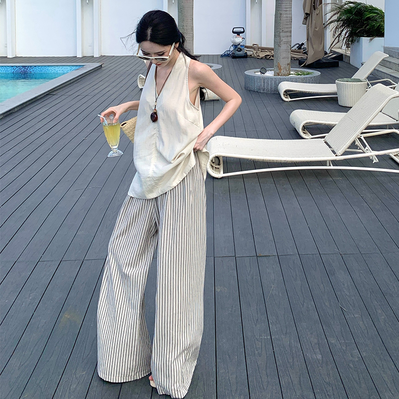 Casual France style vest vacation wide leg pants 2pcs set