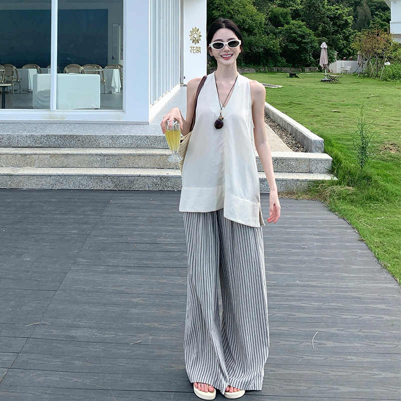 Casual France style vest vacation wide leg pants 2pcs set