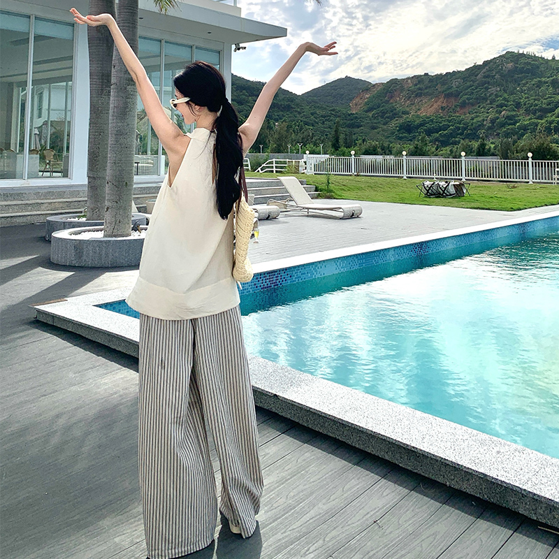 Casual France style vest vacation wide leg pants 2pcs set