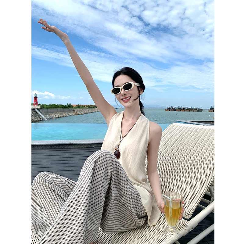 Casual France style vest vacation wide leg pants 2pcs set