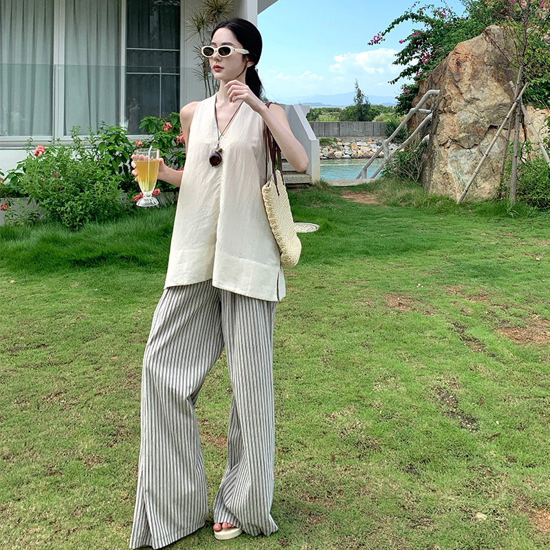 Casual France style vest vacation wide leg pants 2pcs set