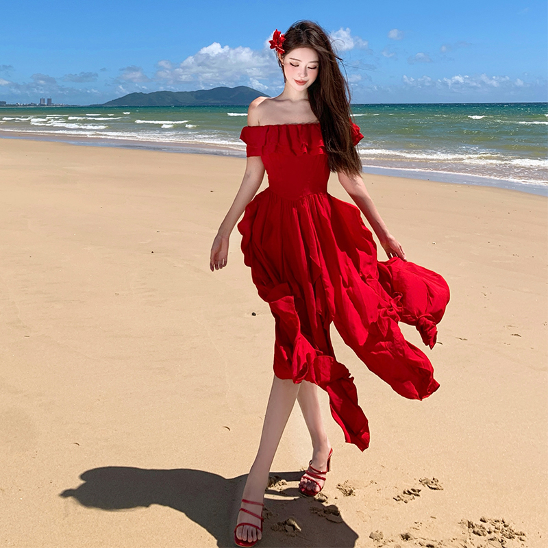 Travel niche dress was white flat shoulder long dress