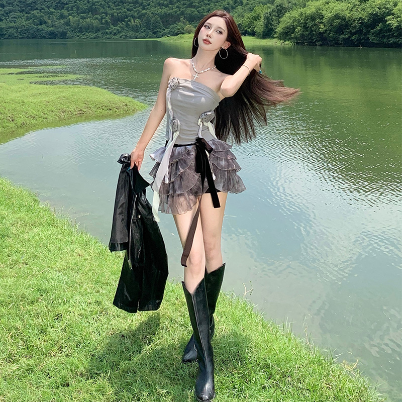 Wrapped chest cake tops ballet tie dye skirt 2pcs set