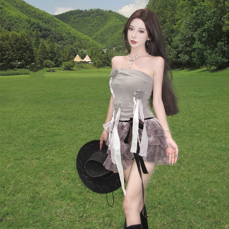 Wrapped chest cake tops ballet tie dye skirt 2pcs set