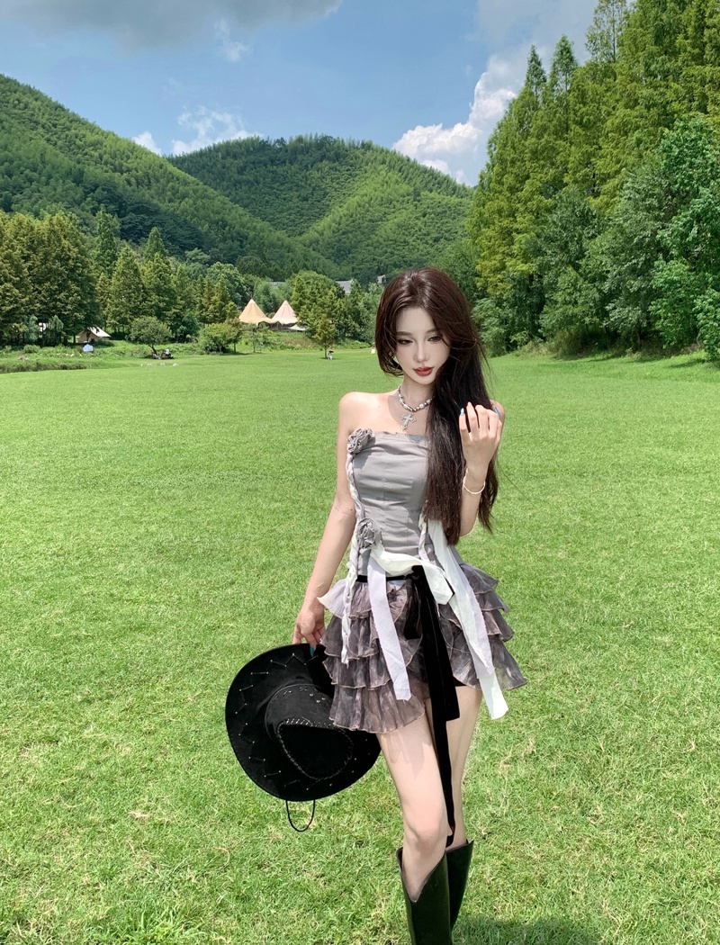 Wrapped chest cake tops ballet tie dye skirt 2pcs set