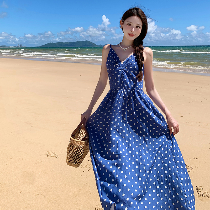 Vacation sling seaside strap dress blue was white dress
