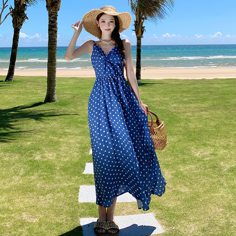 Vacation sling seaside strap dress blue was white dress