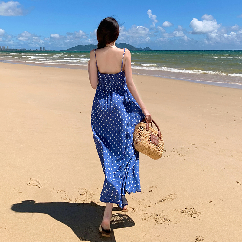 Vacation sling seaside strap dress blue was white dress