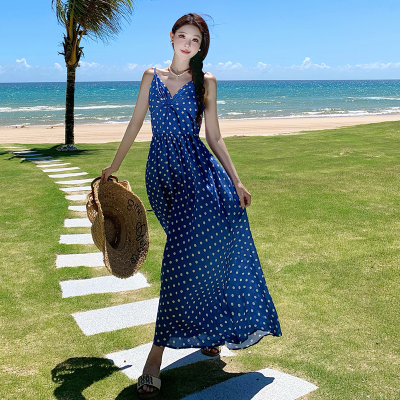 Vacation sling seaside strap dress blue was white dress