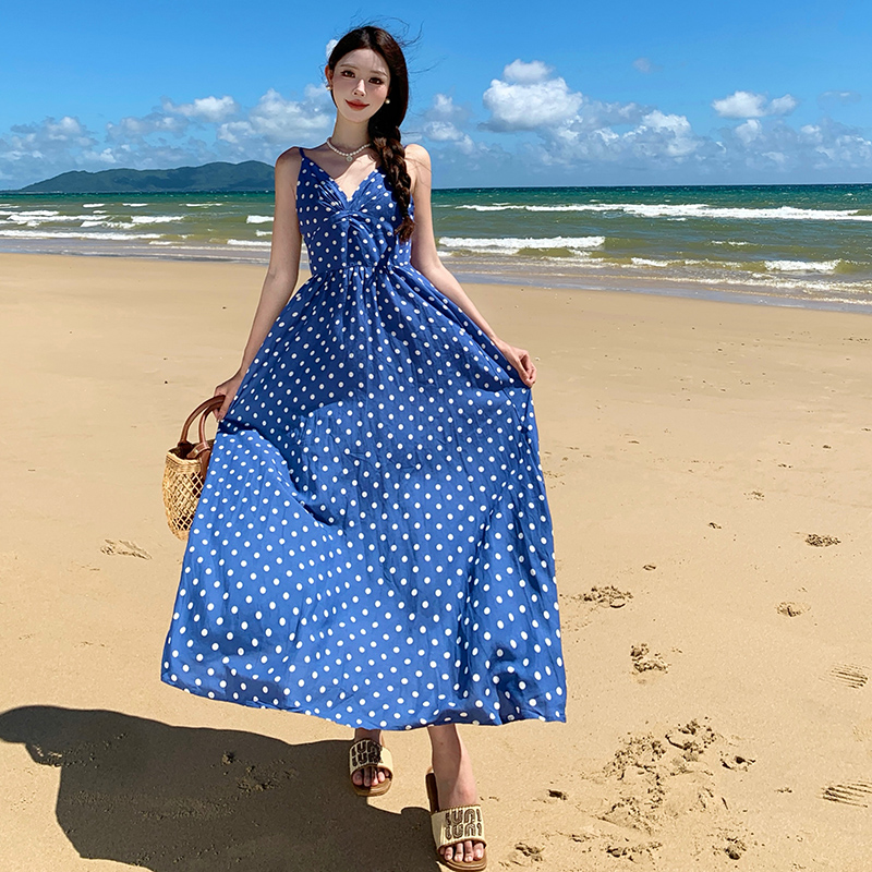 Vacation sling seaside strap dress blue was white dress