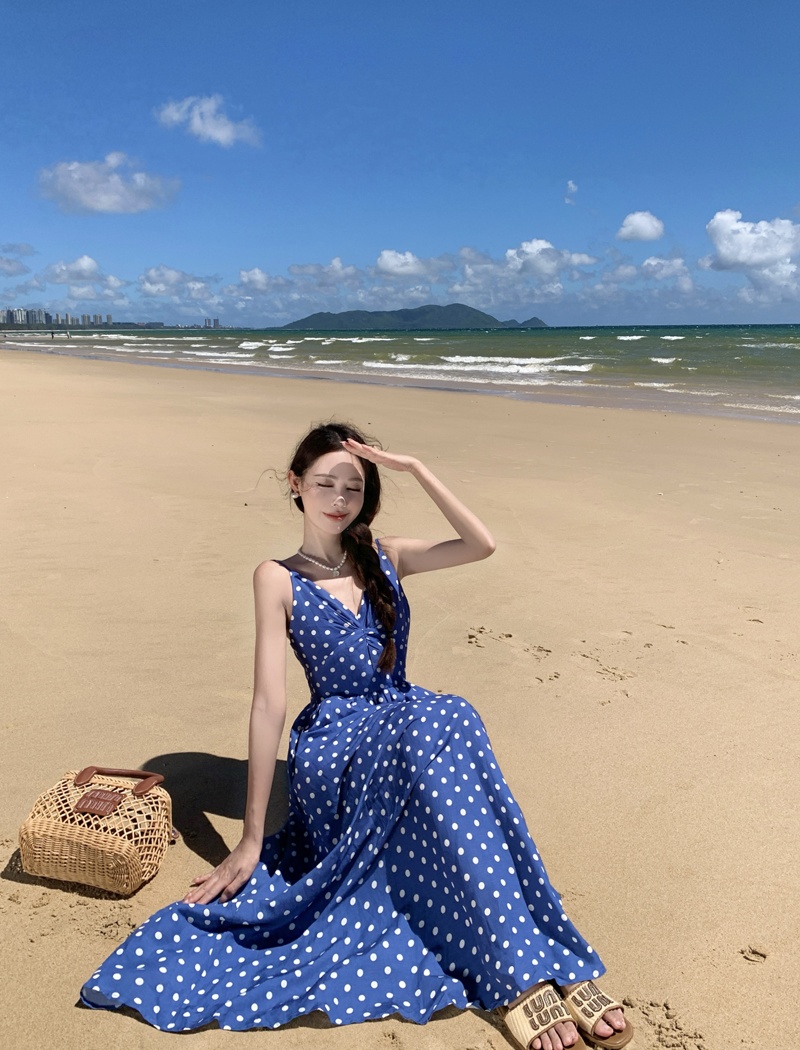 Vacation sling seaside strap dress blue was white dress
