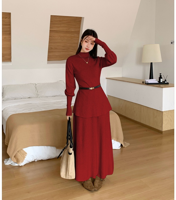 Lantern sleeve sweater skirt a set for women