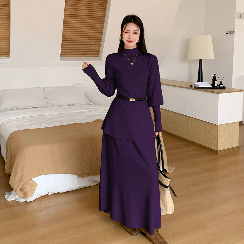 Lantern sleeve sweater skirt a set for women