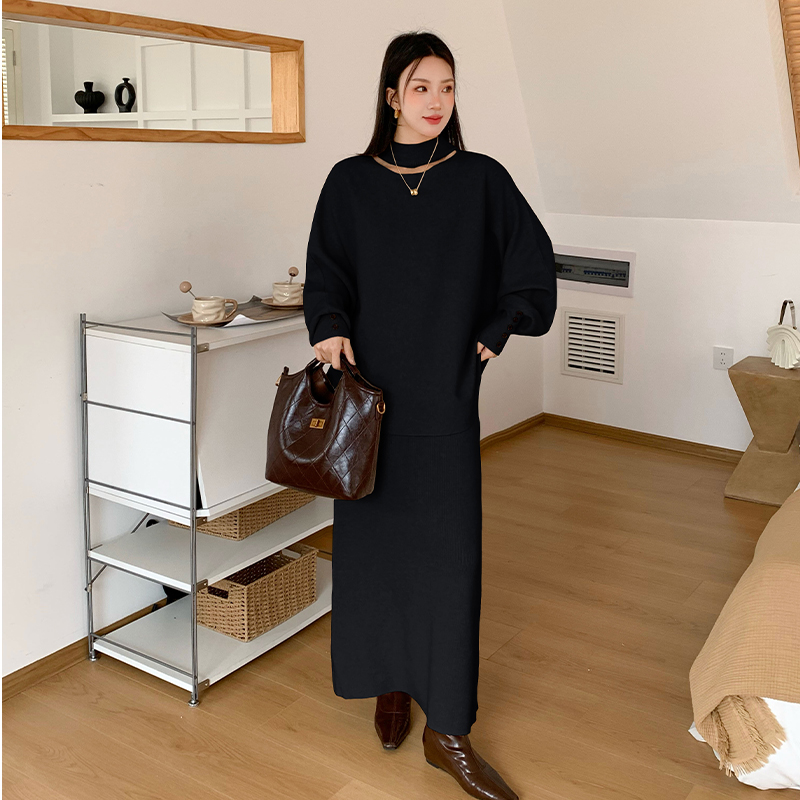 High waist slim belt all-match sweater 2pcs set